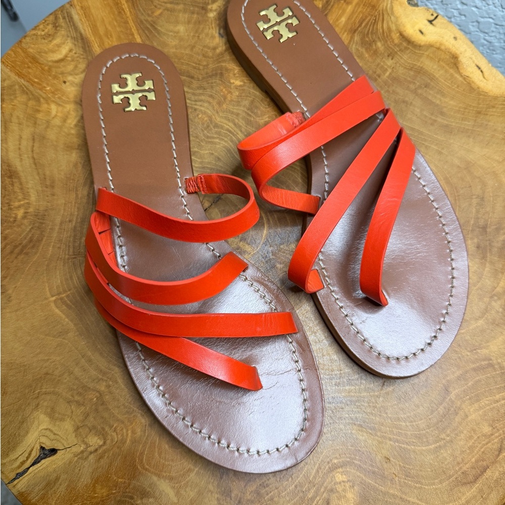 Tory Burch Patos Flat Slide Sandals in Samba Red Vachetta Leather Womens sz 7.5M
